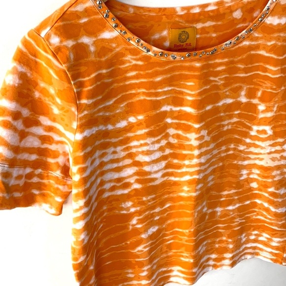 Ruby Rd. short sleeve roll tab orange & white tie-dyed top, Size PL - Picture 5 of 9